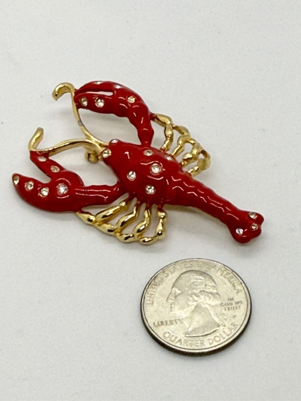 Maresca Red Enamel Lobster Brooch Gold Tone Rhinestone Nautical Coastal Pin